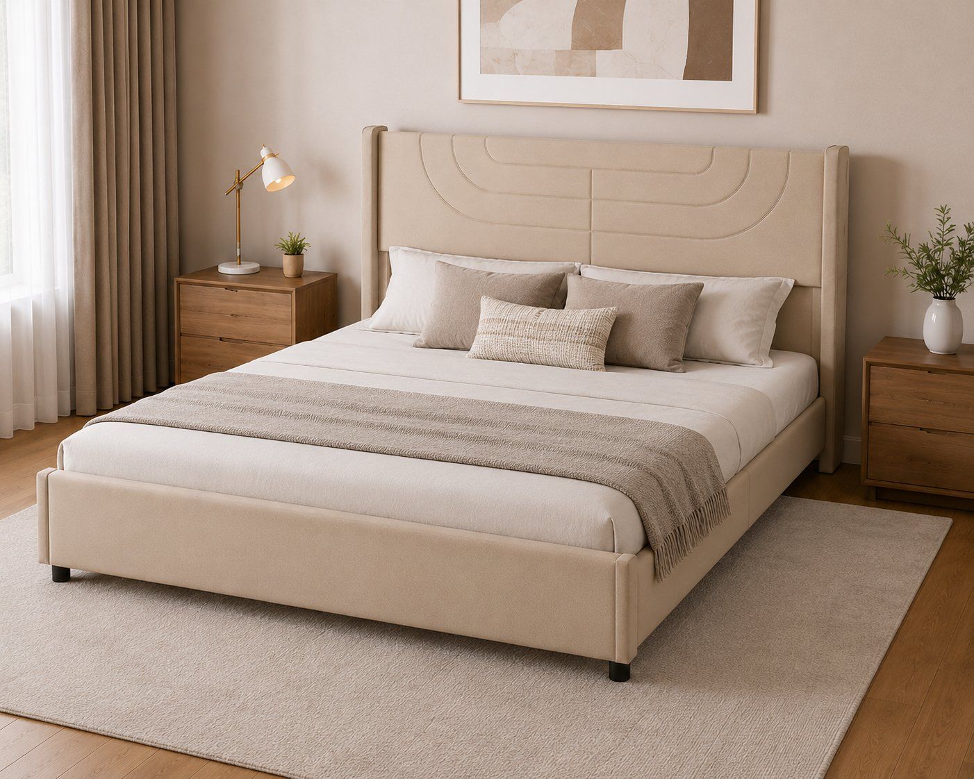 Queen Upholstered Platform Bed – Beige – New in Box #478
