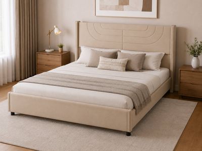 Queen Upholstered Platform Bed – Beige – New in Box #478