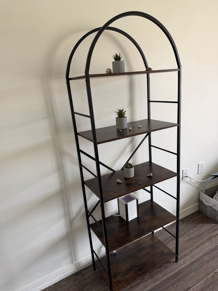 Industrial Style 5-Tier Arched Bookshelf Dark Brown Wood & Black Metal Bookcase Storage Rack