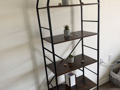 Industrial Style 5-Tier Arched Bookshelf Dark Brown Wood & Black Metal Bookcase Storage Rack