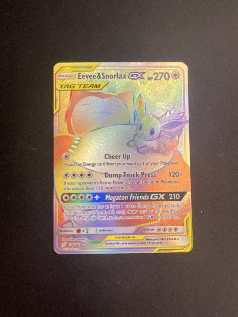Pokemon Eevee & Snorlax GX Tag Team Holo Card 191/181 Rainbow Rare