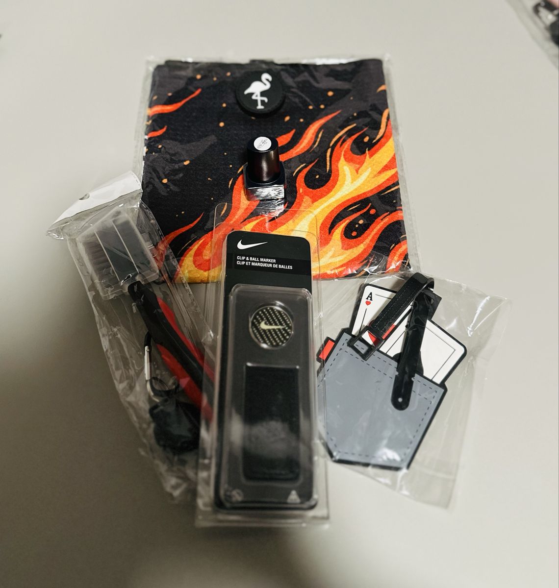 Golf Accessories Bundle - Magnetic Golf Towel, Rocket Ball Stamp, Club Brush, Nike Ball Marker & Clip and Pocket Aces Bag Tag