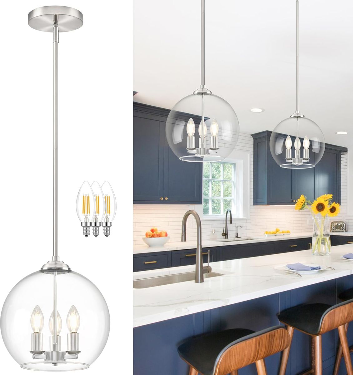 12" Nickel Pendant 3-Light Light Glass Globe