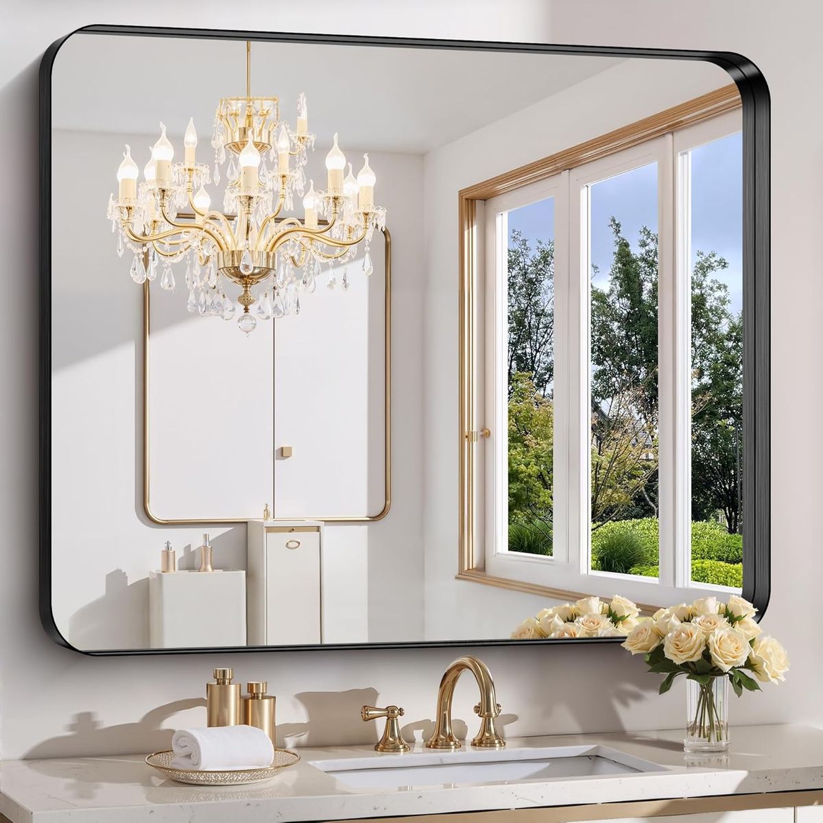 48"x40" Brushed Black Deep Frame Wall Mirror with Rounded Corners