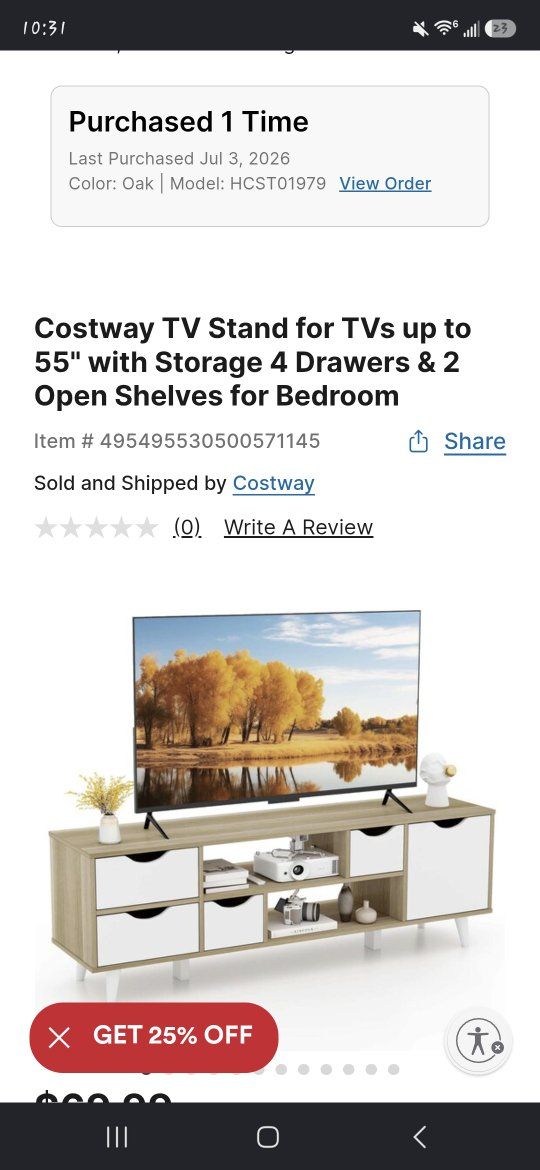 Costway HCST01979 Oak TV Stand for TVs up to 55" with 4 Drawers & 2 Open Shelves, 48"L x 12"W x 16"H