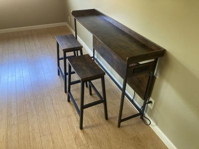 (2) bar stools and Console Table with power outlet 55” Rustic Brown