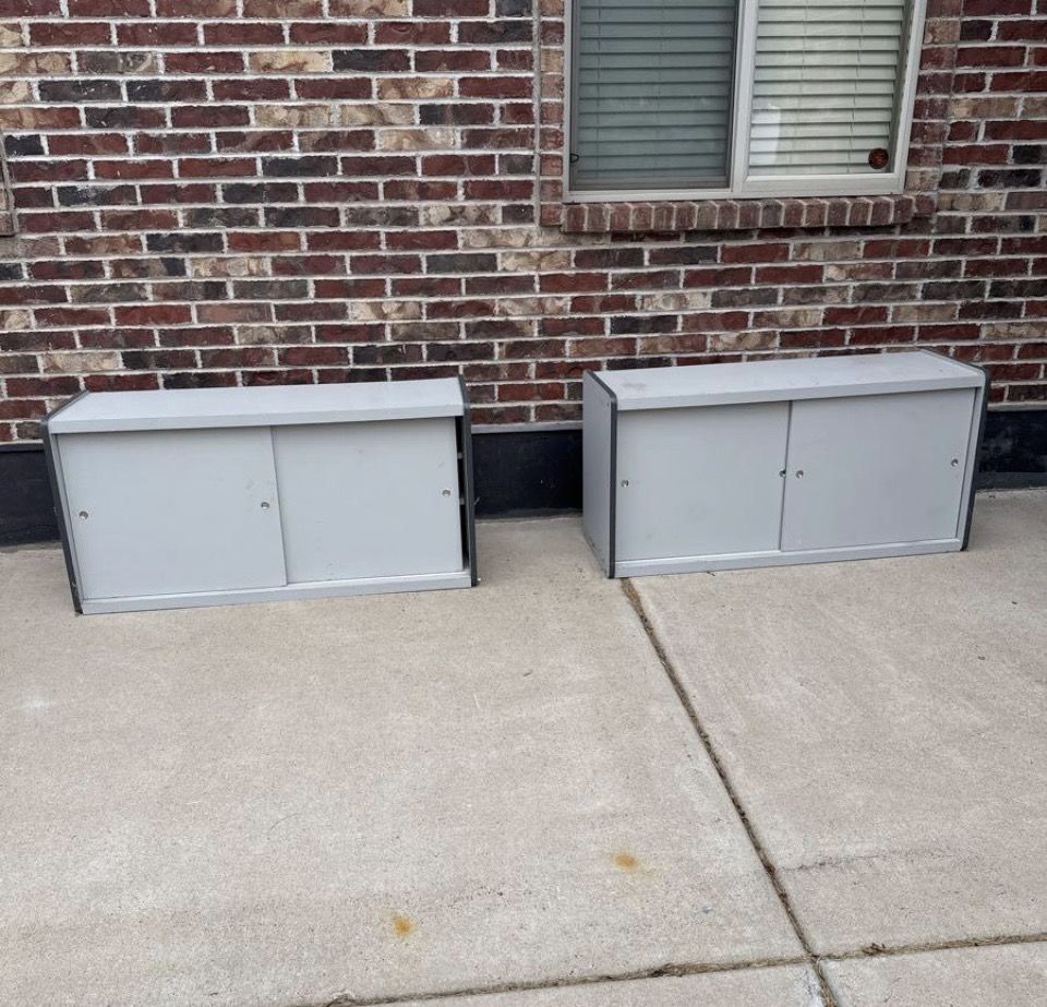 Free Set of 2 Grey Office Storage Cabinets with Sliding Doors and Shelves