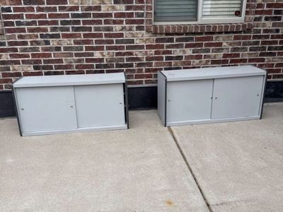 Free Set of 2 Grey Office Storage Cabinets with Sliding Doors and Shelves