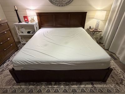 Dark Wood King Size Platform Bed Frame with Headboard and Under-Bed Storage