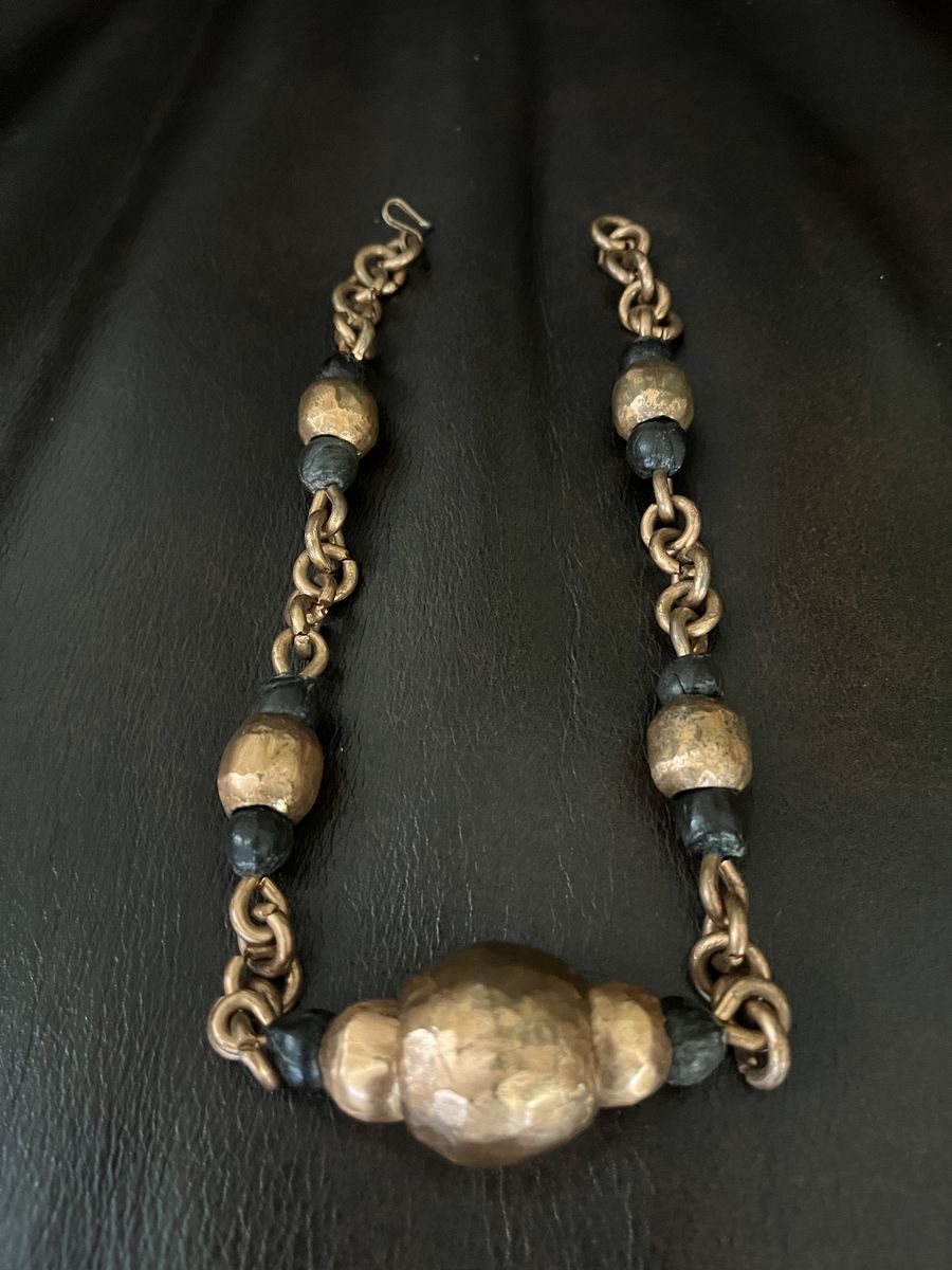 Hand Hammered Copper Choker with Black Beads - Vintage/Antique 1930's