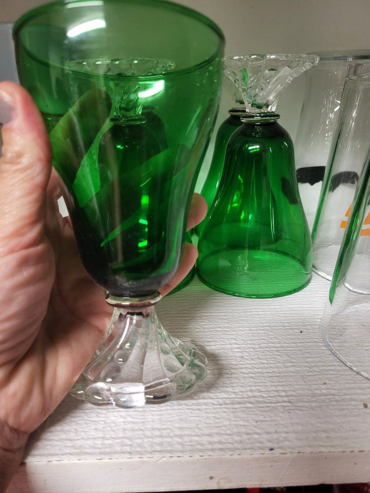 Vintage Green Glass Drinking Goblet with Clear Ribbed Stem - Unbranded set of 5