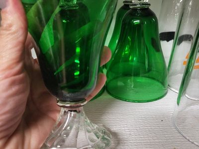 Vintage Green Glass Drinking Goblet with Clear Ribbed Stem - Unbranded set of 5