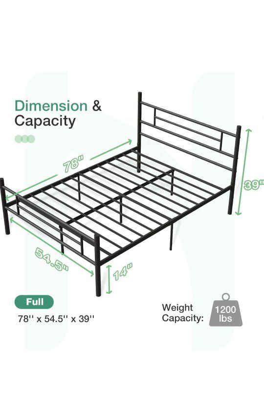 Full Size Metal Platform Bed Frame with Headboard and Footboard, Black