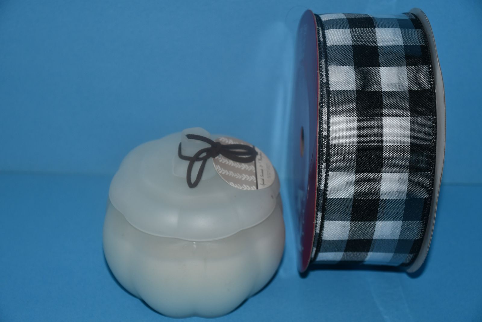 NEW "PUMPKIN JAR CANDLE" + NEW ROLL OF BLACK & WHITE WIRE EDGE RIBBON ~ BOTH FOR $5