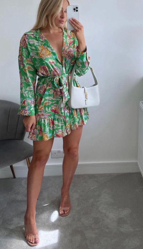 Pink Ripple Green & Floral Ruffle Dress Sz L