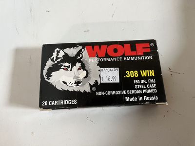 Wolf .308 WIN 150 GR. FMJ Steel Case Non-Corrosive Berdan Primed Ammunition - 20 Cartridges