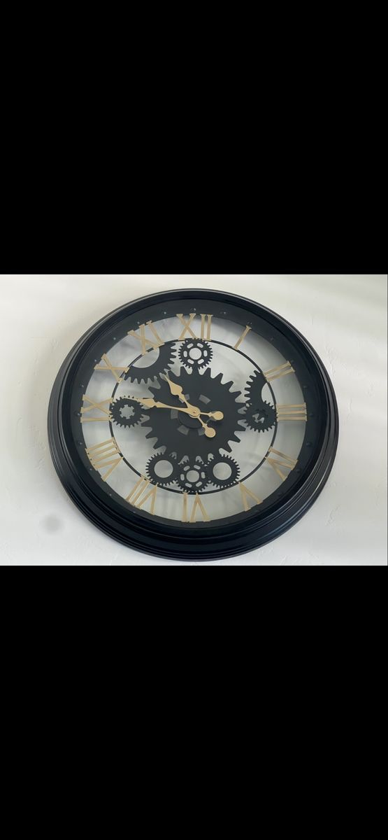 Large Black & Gold Decorative Wall Clock w/ Exposed Gears & Roman Numerals