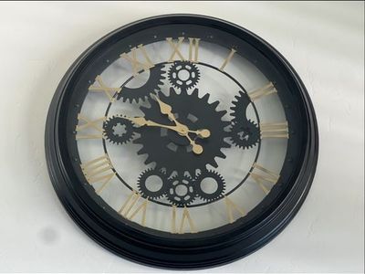 Large Black & Gold Decorative Wall Clock w/ Exposed Gears & Roman Numerals