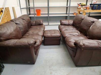 3-Piece Brown Leather Sofa, Loveseat, and Ottoman Living Room Set