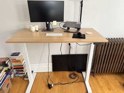 Like New Poppin Natural Oak Adjustable Standing Desk