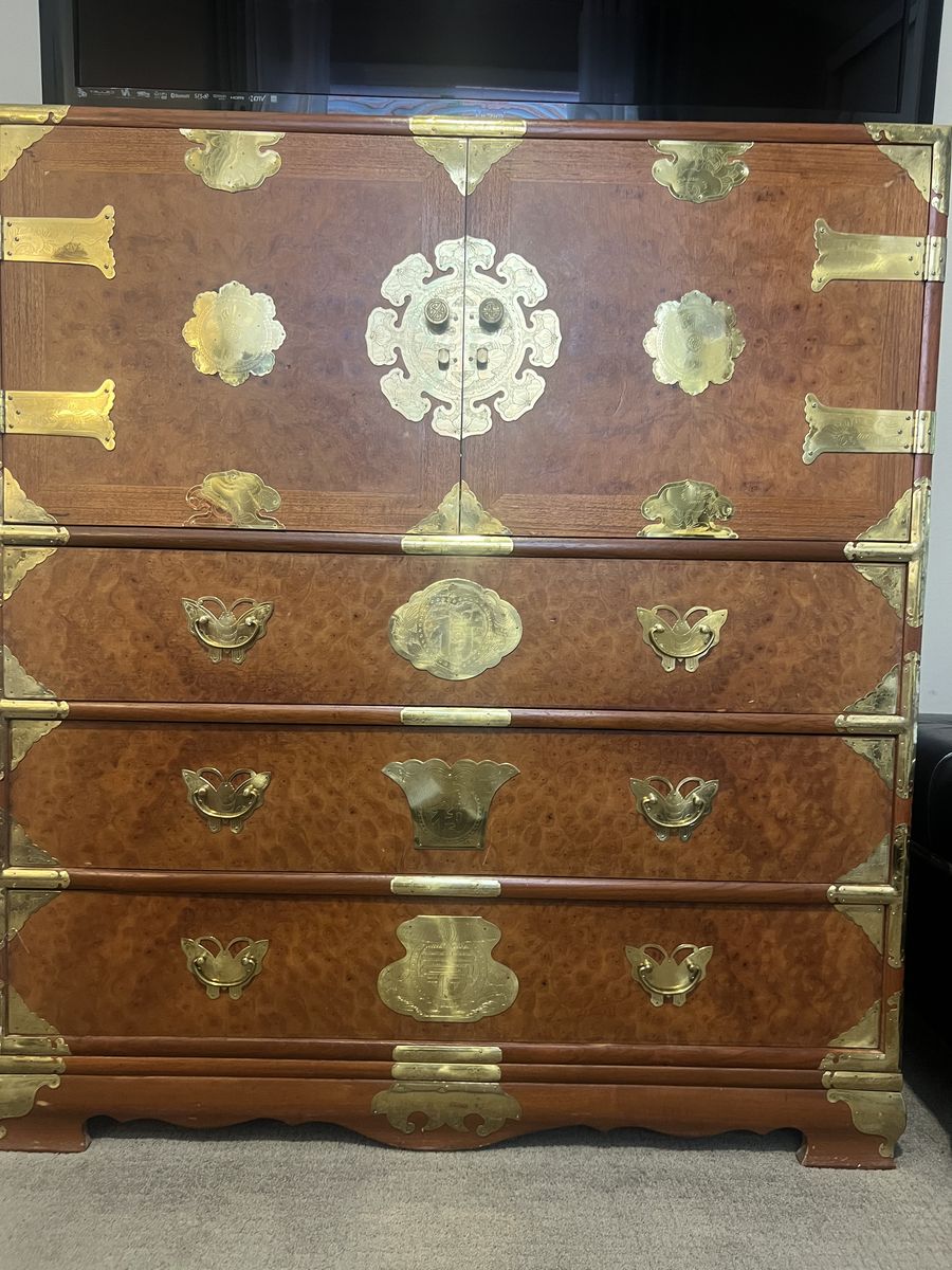 Three Vintage Chinoiserie Teak & Burl Brass Chests