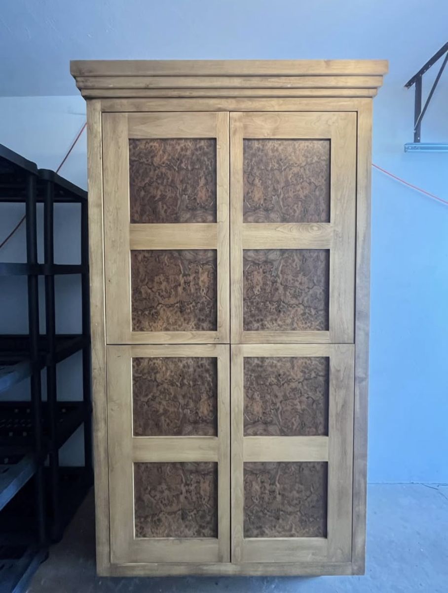 Wooden Armoire Wardrobe Entertainment Center, Cabinet, Burl Wood and Walnut, Solid Wood