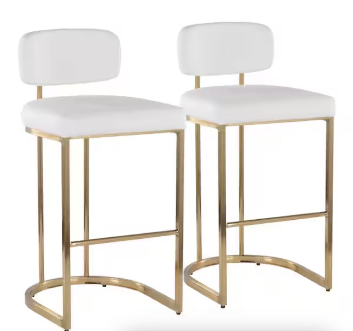 New-Set of 2 Modern White Upholstered Bar Stools with Gold Metal Frames