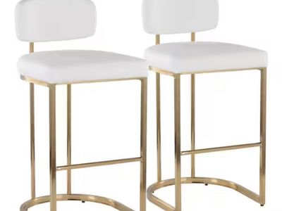 New-Set of 2 Modern White Upholstered Bar Stools with Gold Metal Frames