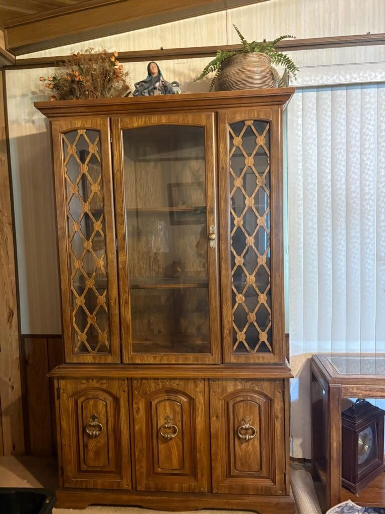 1970's Vintage Wooden China Cabinet featuring a distinct Mid-Century Mediterranean / Spanish Revival design