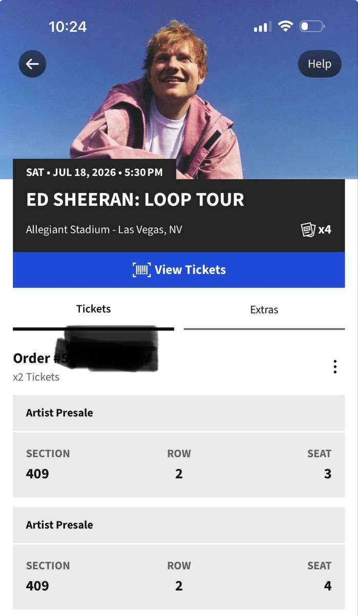 Ed Sheeran: Loop Tour - 2 Tickets, Allegiant Stadium, Las Vegas, NV - July 18, 2026
