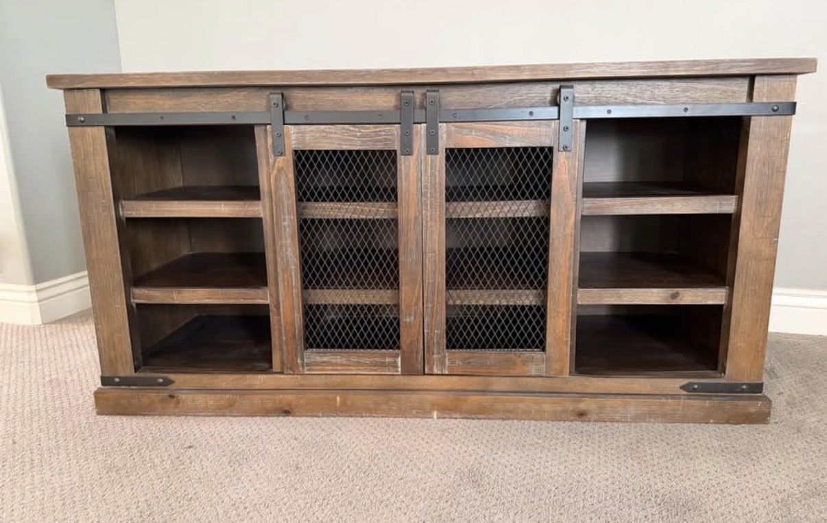 Rustic Farmhouse Barn Door TV Stand Console Media Cabinet - Industrial Wood & Metal