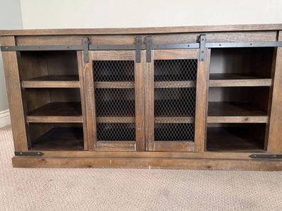 Rustic Farmhouse Barn Door TV Stand Console Media Cabinet - Industrial Wood & Metal