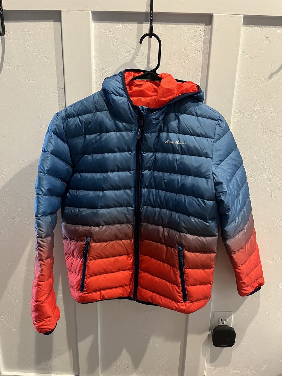 Eddie Bauer Ombre Puffer Jacket Blue Orange Hooded Down Coat