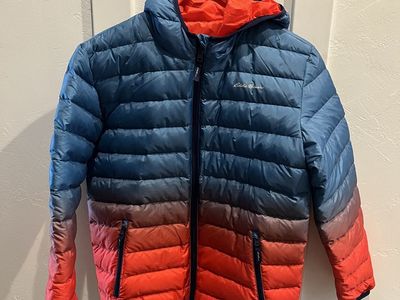 Eddie Bauer Ombre Puffer Jacket Blue Orange Hooded Down Coat