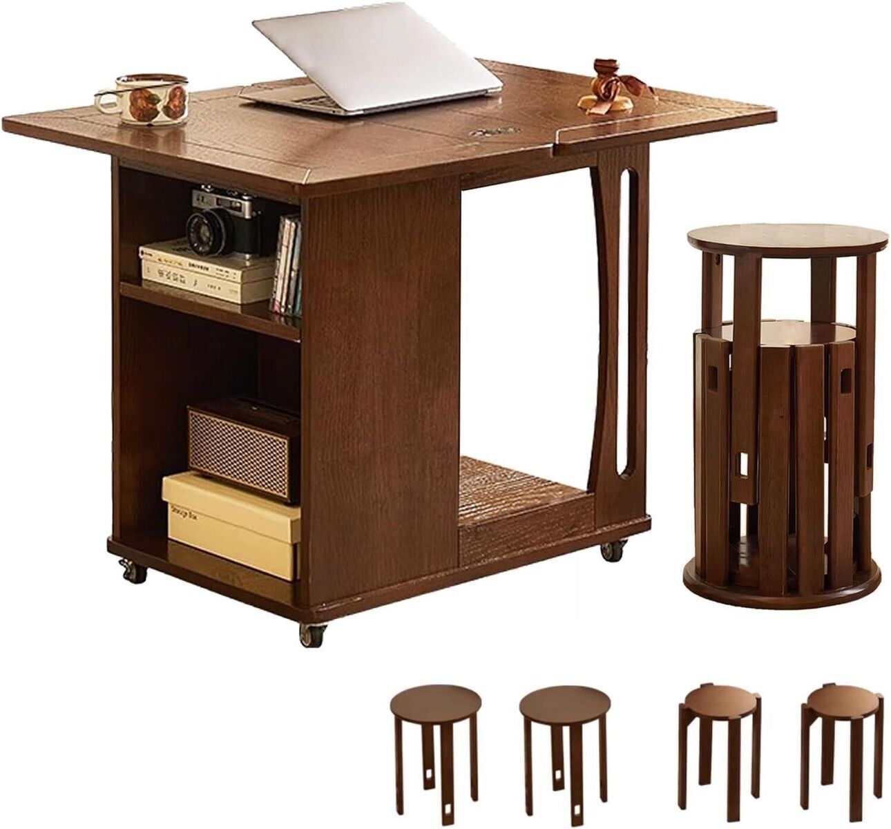 5-Piece Dining Table Set with 4 in stools, Foldable, Wheels