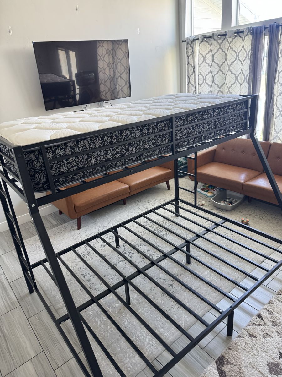 Costway Black Twin Over Full Metal Bunk Bed Frame with Ladder
