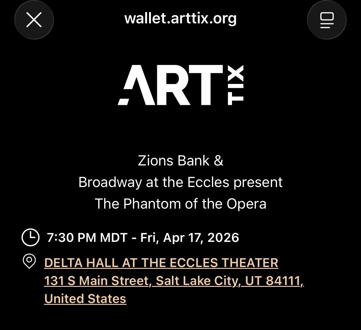 Phantom Of The Opera 4/17 @ 7:30 PM - 2 Tickets