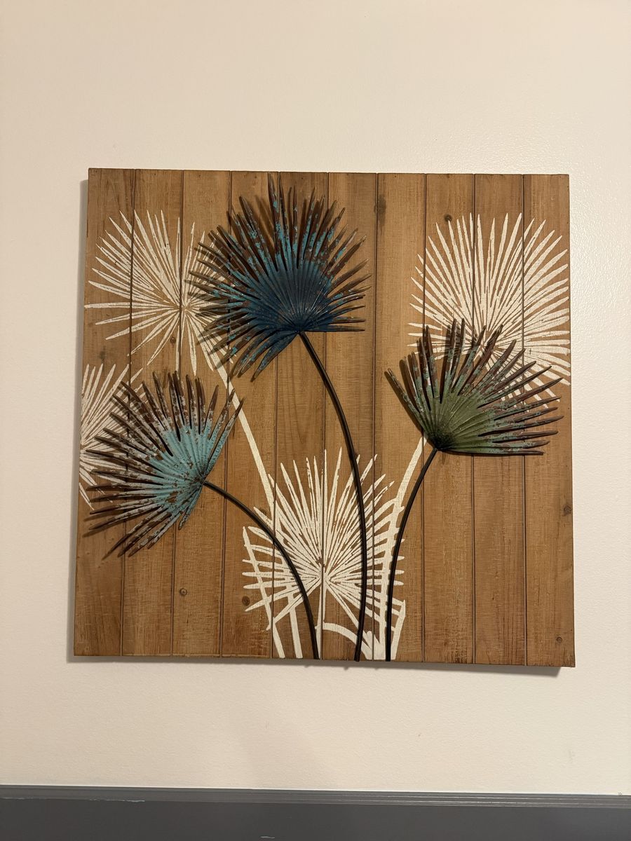 Wooden Wall Art Panel with Metal Palm Frond Sculptures