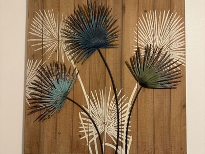 Wooden Wall Art Panel with Metal Palm Frond Sculptures