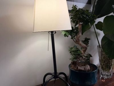 Industrial Black Metal Table Lamp with White Shade, Tripod Base