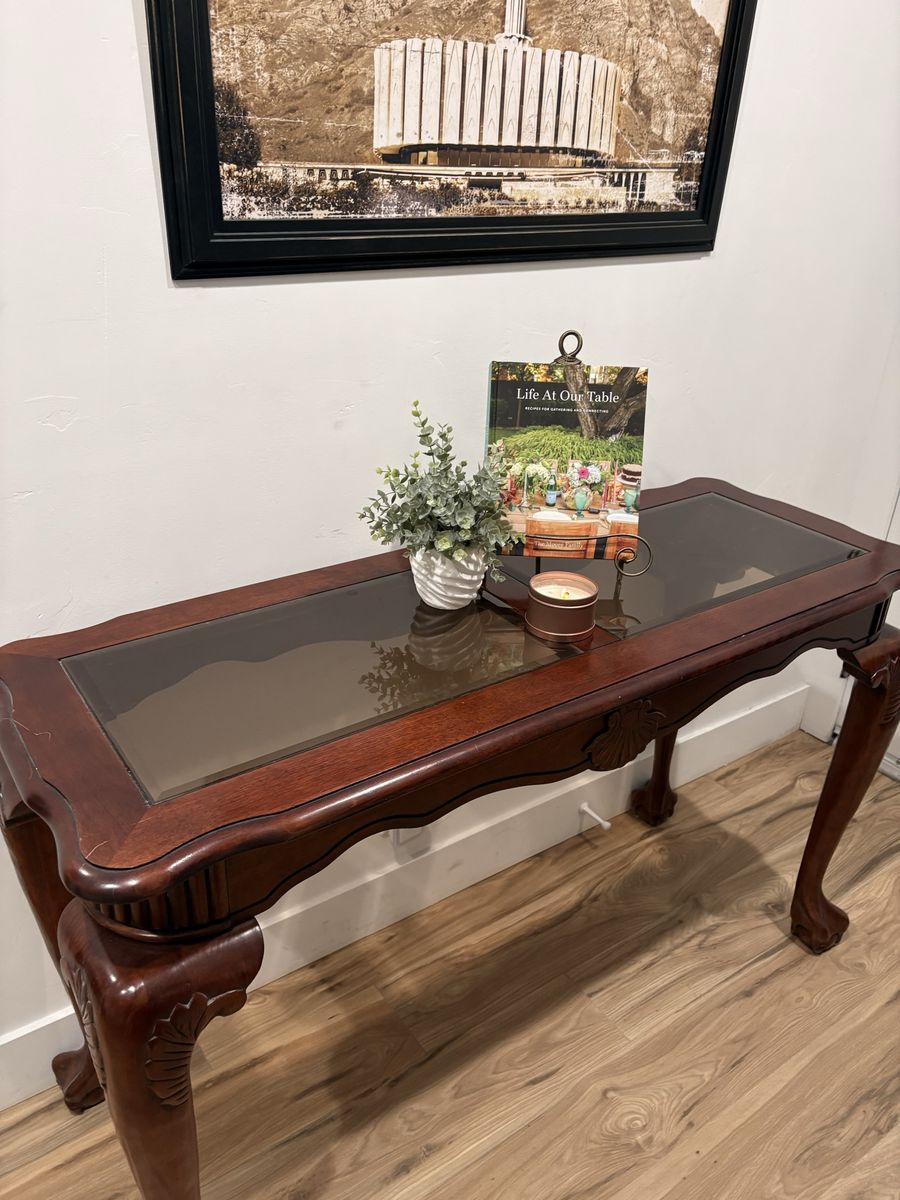 Ornate Wood Console Table with Glass Top - Carved Details & Elegant Design