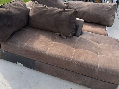 Brown Fabric Sectional Sofa and Black Leather Chaise Lounge