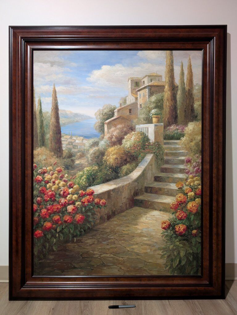 Italian Lake Framed Oil Painting on Canvas 46"x58"