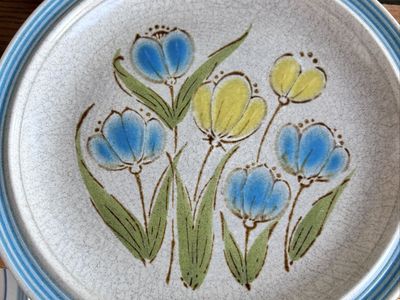 Mixed Set 1960’s-70’s Vintage Flower Power Decorative Dinner Plates- Blue & Yellow Florals
