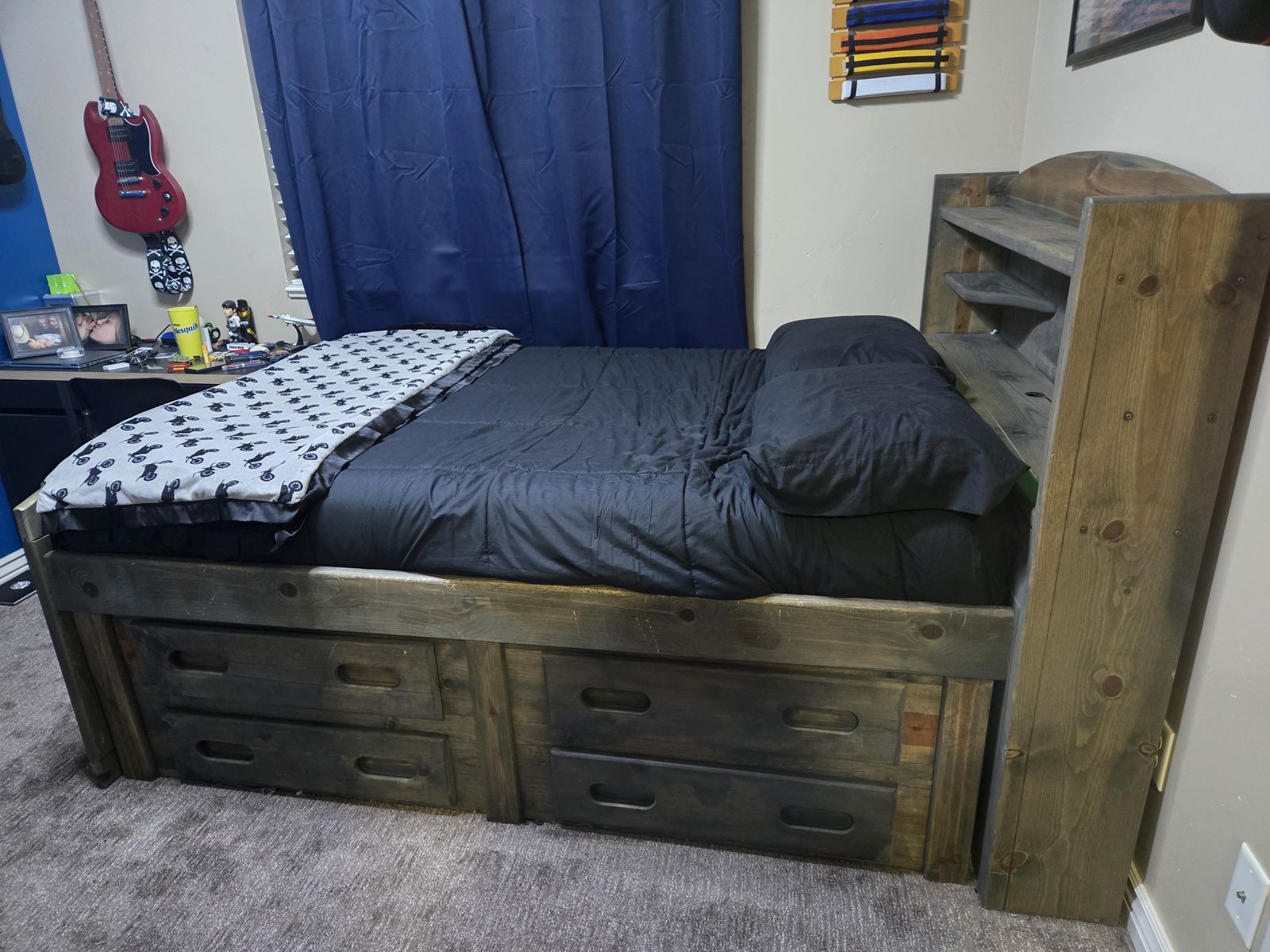 Full size bed with storage and shelves