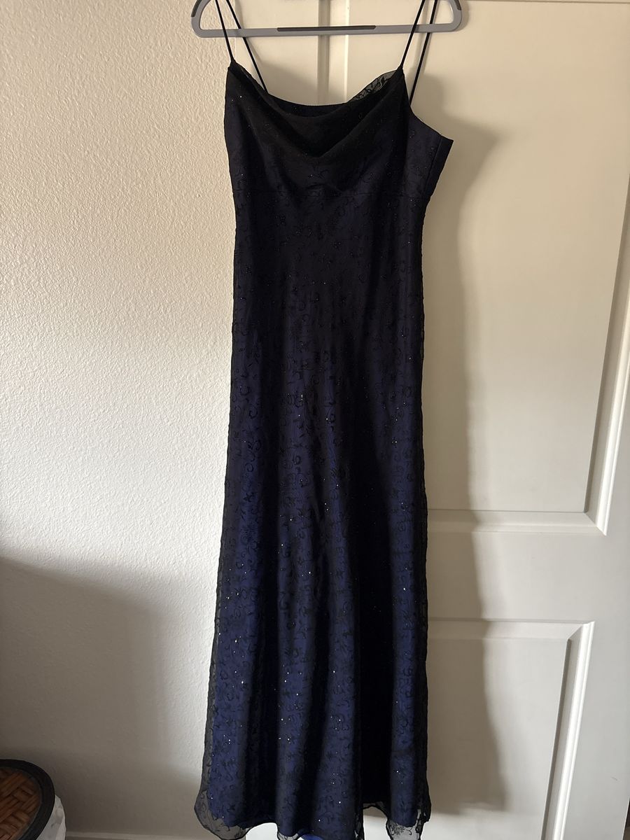 Night Way Formal Gown Sleeveless Glitter Overlay Navy Blue Black Size Medium