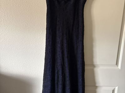 Night Way Formal Gown Sleeveless Glitter Overlay Navy Blue Black Size Medium