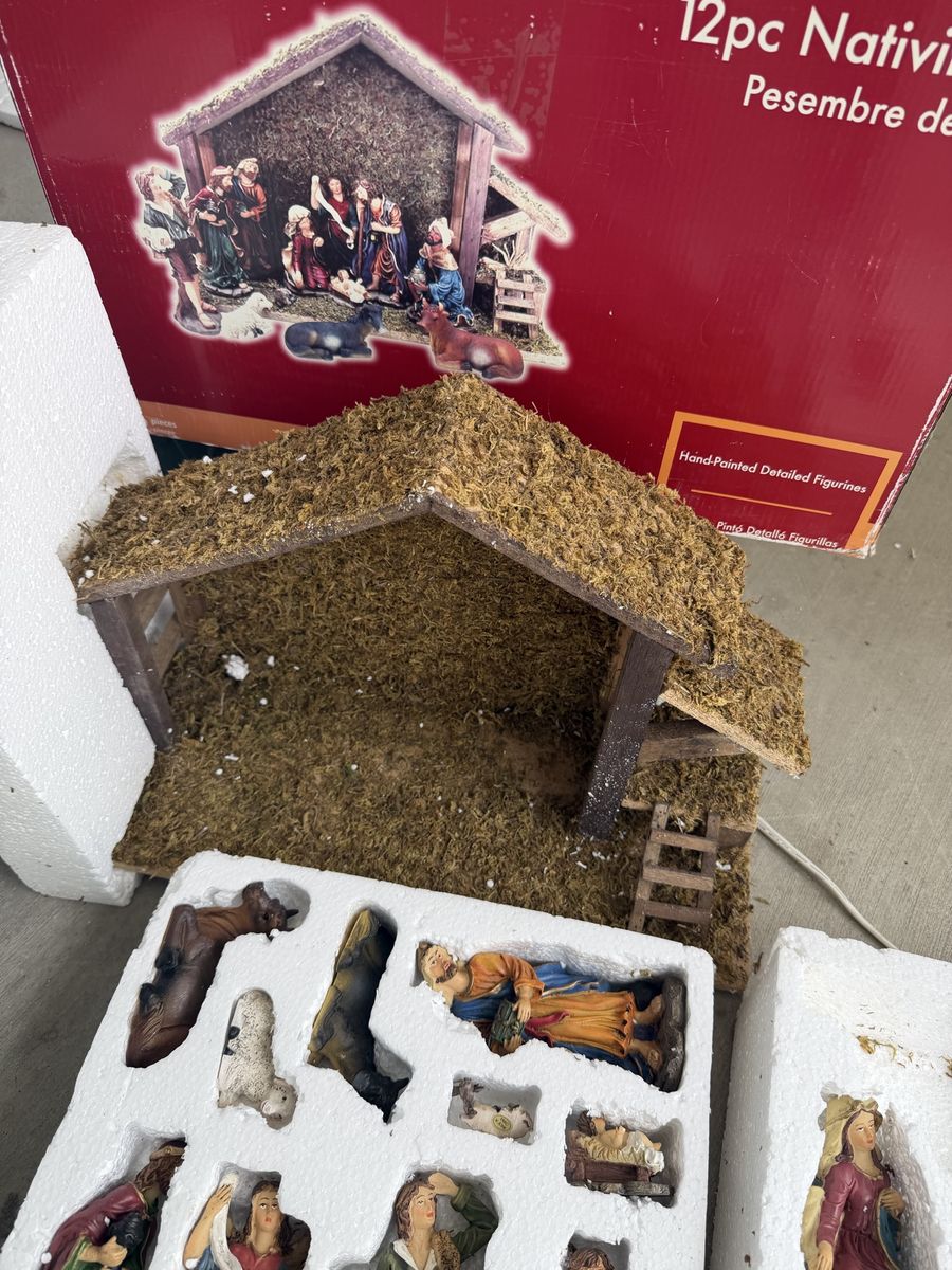Holiday Time 12-Piece Hand-Painted Nativity Set with Stable, Traditional Christmas Decor