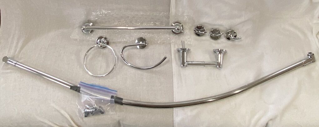 Chrome Bathroom Fixtures/Hardware-Shower rod; Large towel + Toilet Paper holder; 3 Double Hooks-2 Small towel/washcloth Hooks