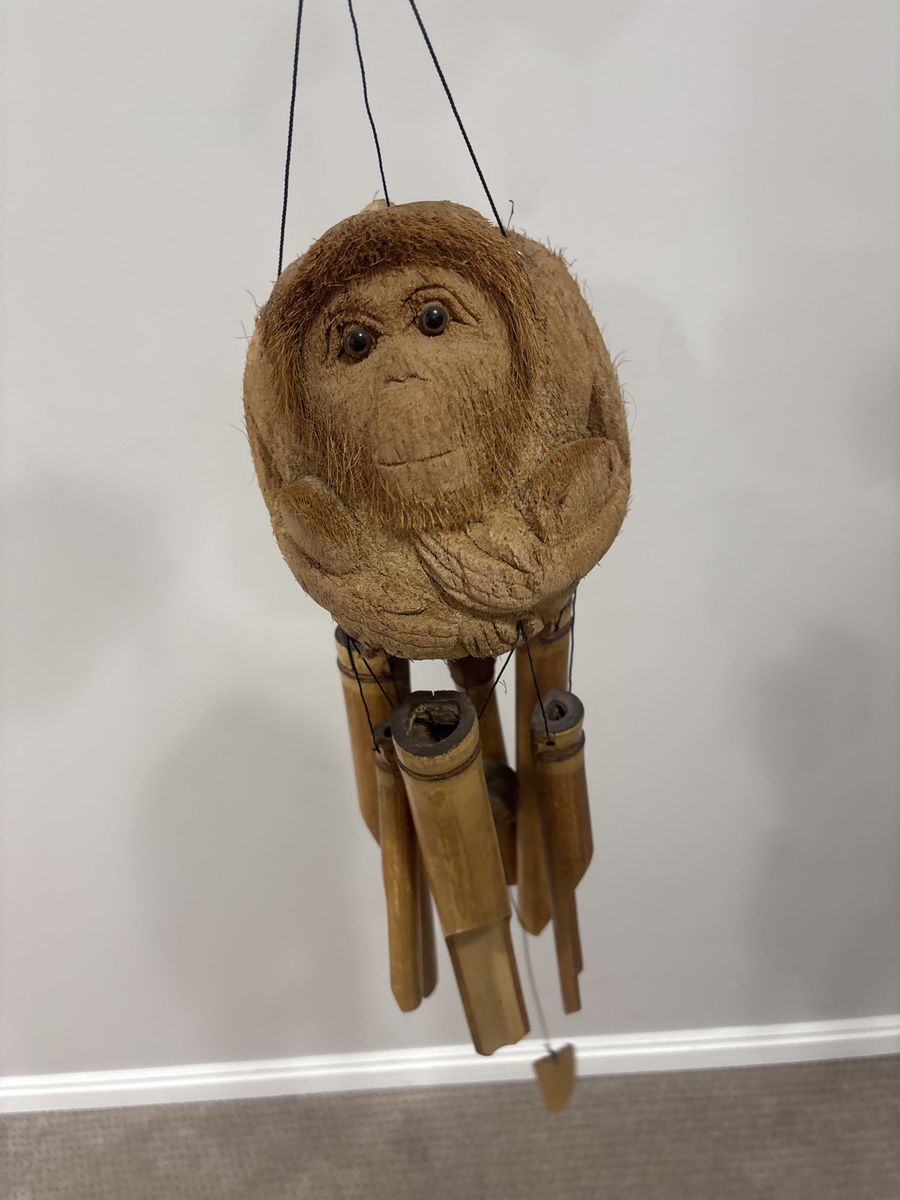 Hand-Carved Coconut Monkey Face Bamboo Wind Chime - Natural Rustic Decor